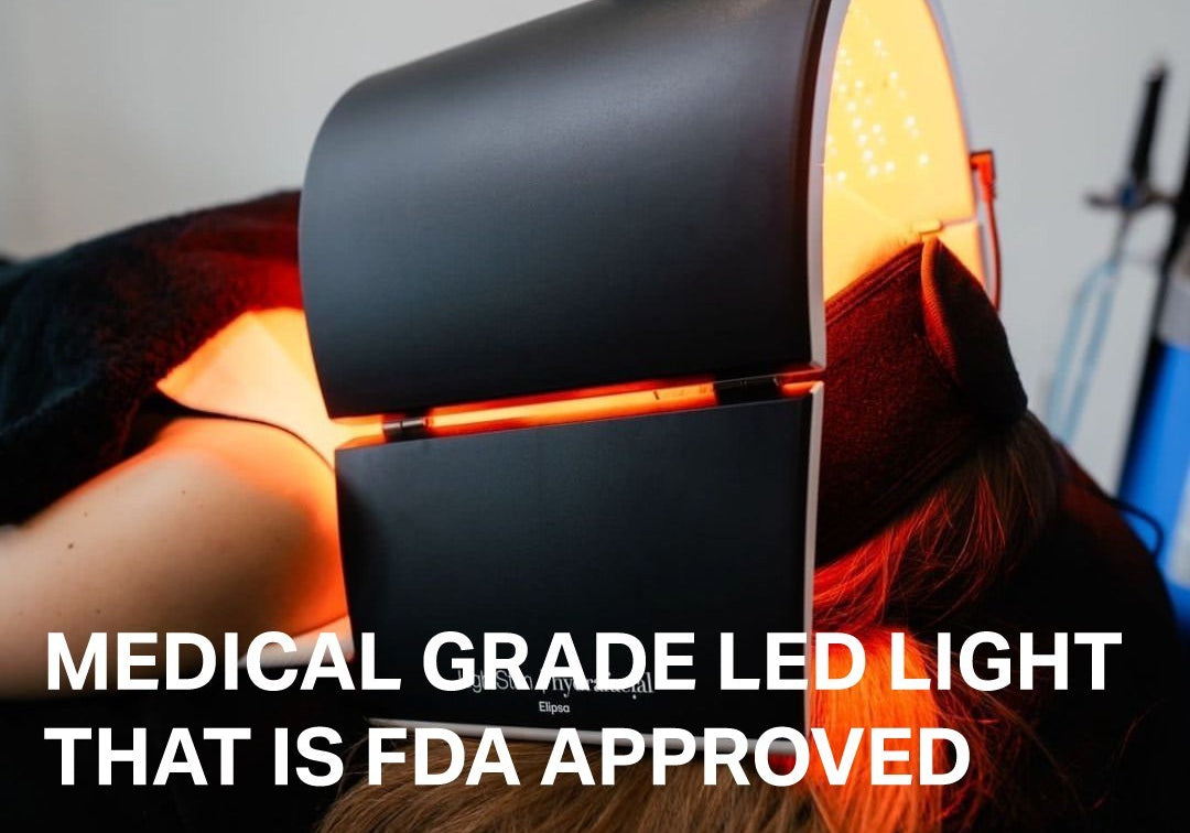 Person receiving a Hydrafacial treatment with text highlighting medical grade LED light and FDA approval.