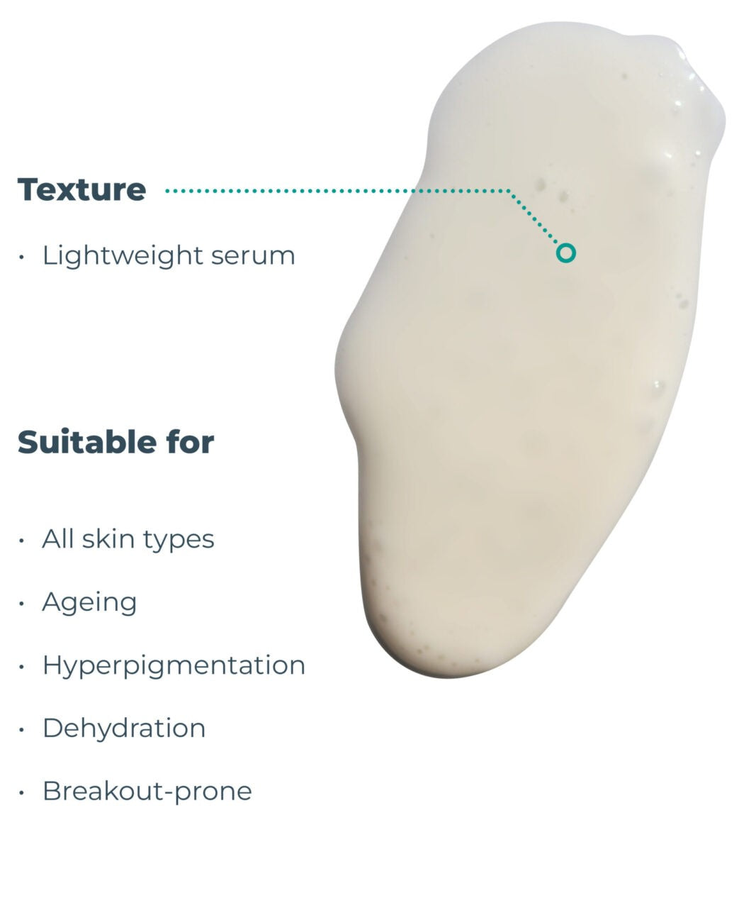 Lightweight serum with texture and suitability for skin types on a white background